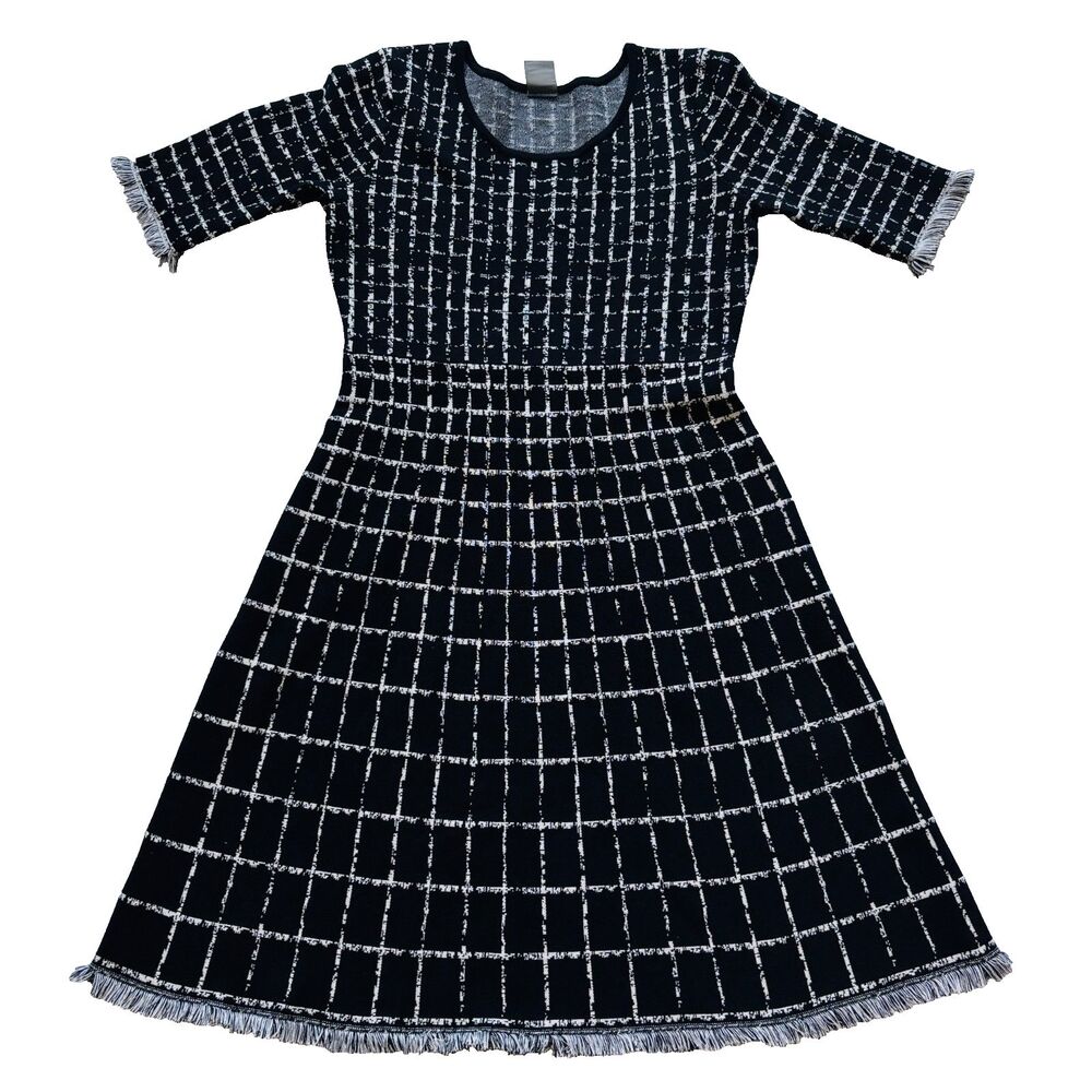 Taylor Plaid Windowpane Fringe Fit Flare Sweater Dress Black White L Soft Grunge